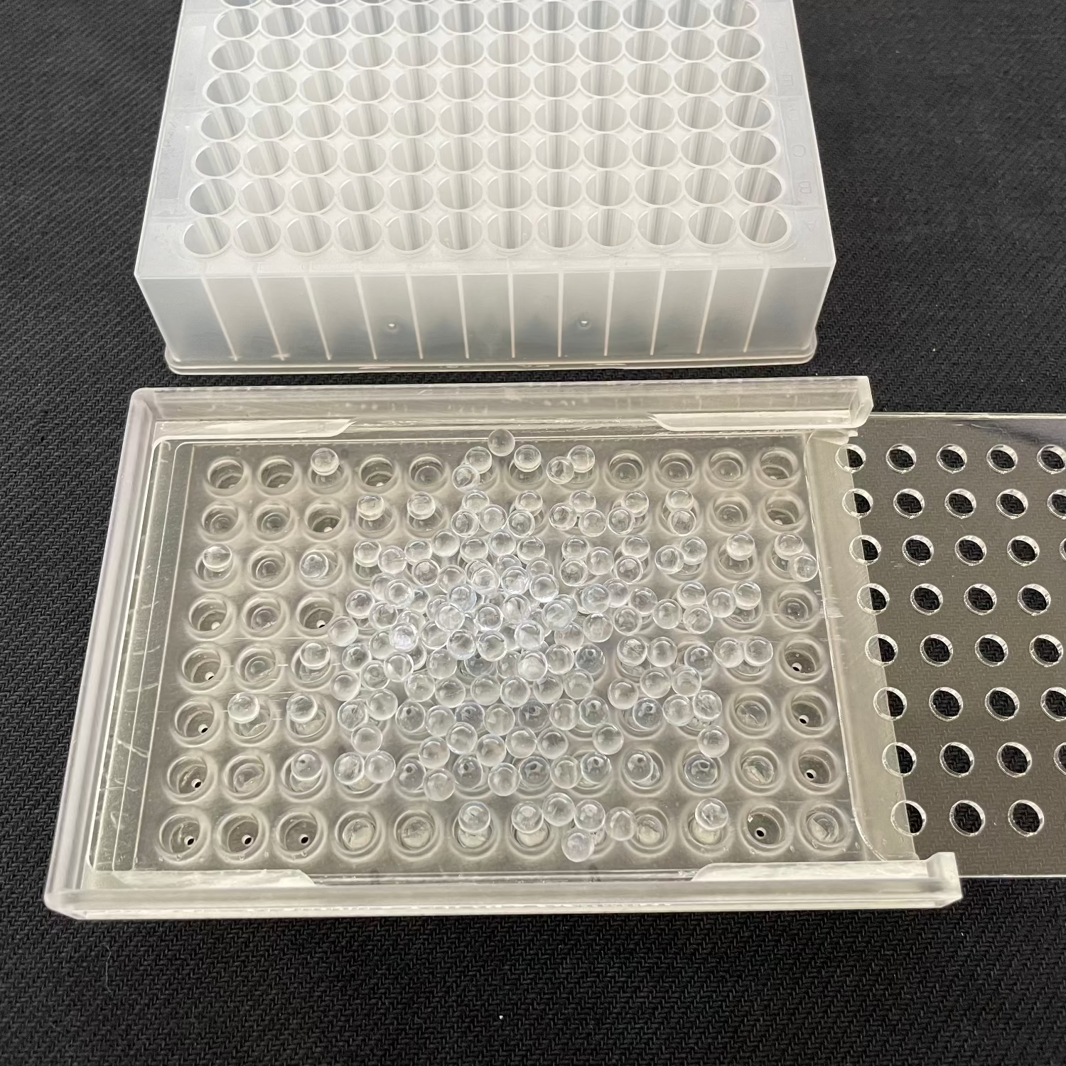 Bead dispenser for 96 well plates, filled with glass beads